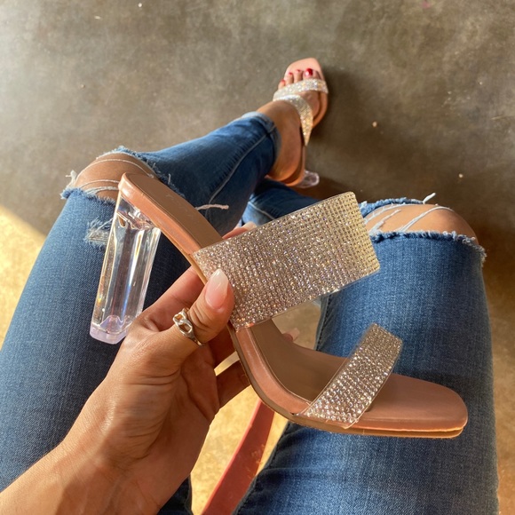 Nude Double Strap Blinged Lucite Heels - Picture 3 of 10